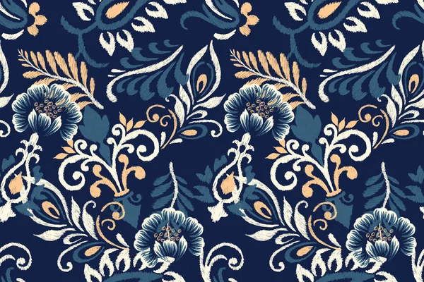 Ikat Bordado Paisley Floral Sobre Fondo Azul Marino Ikat Étnico — Vector de stock