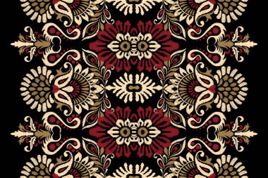 Siyah arka plana Ikat desenli desenli işleme.Etnik oryantal desen geleneği. Doku, kumaş, giysi, ambalaj, dekorasyon, atkı, halı için soyut vektör çizimi.