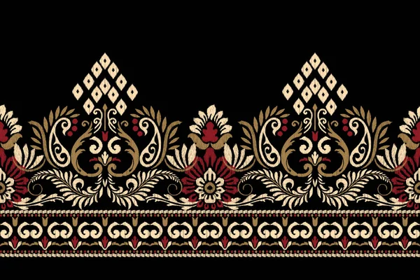 黒の背景にイカットの花のペイズリー刺繍 イカットの民族的な東洋のパターンの伝統 アステカスタイル抽象的なベクトルのイラスト テクスチャ ファブリック スカーフ サロンのためのデザイン — ストックベクタ