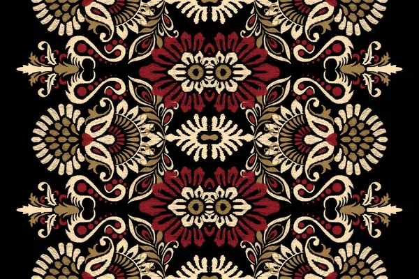 Ikat Broderie Paisley Floral Sur Fond Noir Ikat Motif Oriental — Image vectorielle