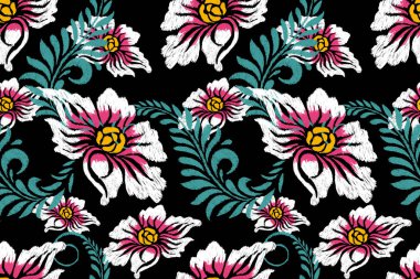 Siyah arka plana Ikat çiçekli desenli nakış. Etnik doğuya özgü dikişsiz desen geleneği. Doku, kumaş, giysi, ambalaj, dekorasyon için tasarım..