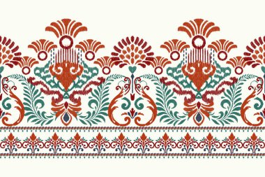 Beyaz arka plana Ikat desenli desenli işleme.Etnik oryantal desen geleneği. Doku, kumaş, giysi, ambalaj, dekorasyon, sarong, eşarp için soyut vektör çizimi.