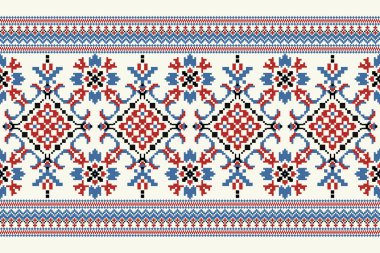 Beyaz arka plan üzerine çiçek haçı nakışı. Geometrik etnik doğu desenli geleneksel. Doku, kumaş, giysi, ambalaj, dekorasyon, sarong için soyut vektör çizimi..