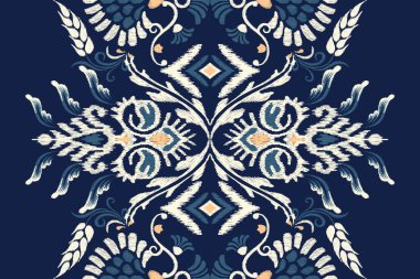 Ikat çiçekli şal desenli lacivert arka plan nakışı. Etnik oryantal desen geleneği. Doku, kumaş, giysi, ambalaj, dekorasyon, Sarong tasarımı..