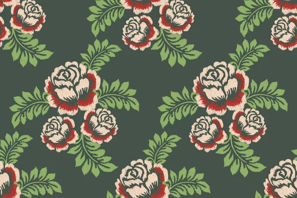 Ikat Floral Paisley Κεντήματα Σκούρο Πράσινο Φόντο Ikat Έθνικ Ανατολίτικη — Διανυσματικό Αρχείο