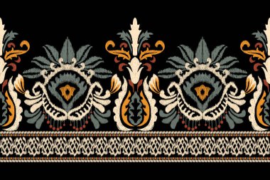 Siyah arkaplana Ikat desenli desenli işleme.Etnik oryantal desen geleneği. Doku, kumaş, giysi, ambalaj, dekorasyon, sarong, eşarp için soyut vektör çizimi.