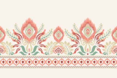 Beyaz arka plana Ikat desenli desenli işleme.Etnik oryantal desen geleneği. Doku, kumaş, giysi, ambalaj, dekorasyon, sarong, eşarp için soyut vektör çizimi.