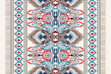 Beyaz arka plana Ikat desenli desenli işleme.Etnik oryantal desen geleneği. Doku, kumaş, giysi, ambalaj, dekorasyon, atkı, halı için soyut vektör çizimi.