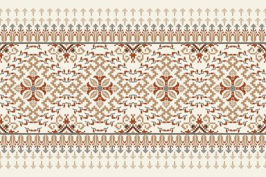 Beyaz arka plan üzerine çiçek haçı nakışı. Geometrik etnik doğu desenli geleneksel. Doku, kumaş, giysi, ambalaj, dekorasyon, sarong için soyut vektör çizimi..