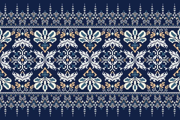 ネイビーブルーの背景に花クロスステッチ刺繍 幾何学的なエスニックオリエンタルパターンの伝統 アステカスタイル抽象的なベクトルイラスト テクスチャ ファブリック 装飾のためのデザイン — ストックベクタ