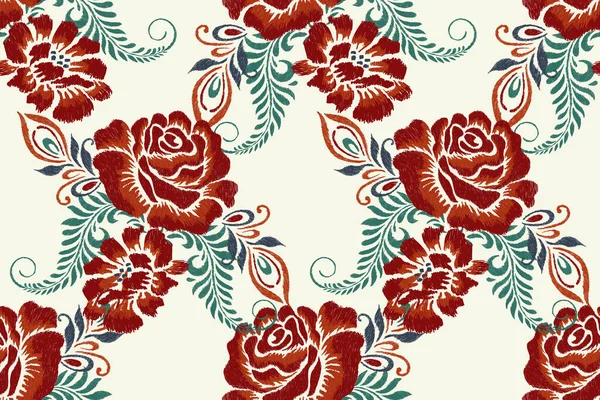 Damas Ikat Broderie Paisley Floral Sur Fond Blanc Modèle Oriental — Image vectorielle