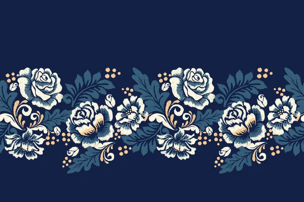 Ikat Bordado Paisley Floral Sobre Fondo Azul Marino Ikat Patrón — Archivo Imágenes Vectoriales