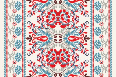 Beyaz arka plana Ikat desenli desenli işleme.Etnik oryantal desen geleneği. Doku, kumaş, giysi, ambalaj, dekorasyon, halı, eşarp için soyut vektör çizimi.