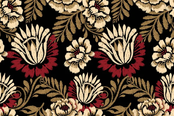 Ikat Floral Paisley Κεντήματα Μαύρο Φόντο Ikat Έθνικ Ανατολίτικη Αδιάλειπτη — Διανυσματικό Αρχείο