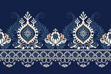 Ikat floral paisley embroidery on navy blue background.Ikat ethnic oriental pattern traditional.Aztec style abstract vector illustration.design for texture,fabric,clothing,wrapping,decoration,sarong. clipart