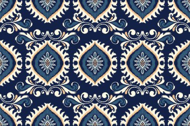Ikat çiçekli şal desenli lacivert arka plan nakışı. Etnik doğuya özgü dikişsiz desen geleneği. Doku, kumaş, giysi, ambalaj, dekorasyon için tasarım.