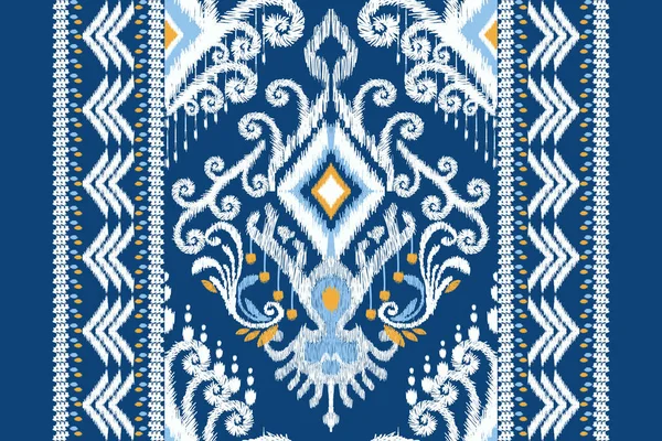 青い背景にイカットの花のペイズリー刺繍 イカットの民族的な東洋のパターンの伝統 アステカスタイル抽象的なベクトルのイラスト テクスチャ ファブリック カーペット スカーフのデザイン — ストックベクタ