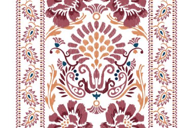 Beyaz arka plana Ikat desenli desenli işleme.Etnik oryantal desen geleneği. Doku, kumaş, giysi, ambalaj, dekorasyon, atkı, halı için soyut vektör çizimi.