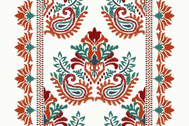 Beyaz arka plana Ikat desenli desenli işleme.Etnik oryantal desen geleneği. Doku, kumaş, giysi, ambalaj, dekorasyon, atkı, halı için soyut vektör çizimi.