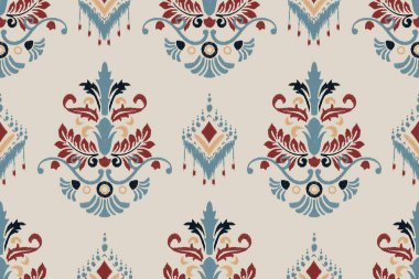 Gri arka plana Ikat desenli çiçek desenli nakış. Etnik doğuya özgü dikişsiz desen geleneği. Doku, kumaş, giysi, ambalaj, dekorasyon için tasarım..