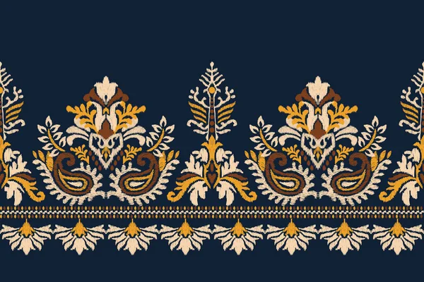 Ikat Broderie Paisley Floral Sur Fond Bleu Marine Modèle Oriental — Image vectorielle