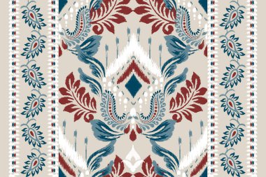 Gri arkaplana Ikat desenli desenli işleme.Etnik oryantal desen geleneği. Doku, kumaş, giysi, ambalaj, dekorasyon, halı, eşarp için soyut vektör çizimi..