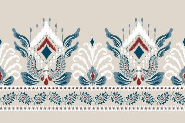 Gri arkaplana Ikat desenli desenli işleme.Etnik oryantal desen geleneği. Doku, kumaş, giysi, ambalaj, dekorasyon, sarong, eşarp için soyut vektör çizimi..