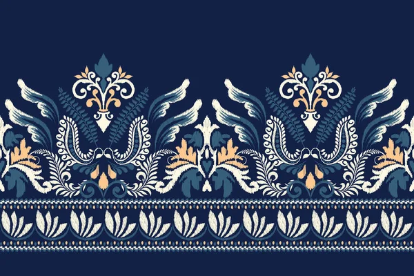 Bordado Paisley Floral Ikat Fundo Azul Marinho Padrão Oriental Étnico —  Vetores de Stock