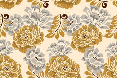 Krem zemin üzerine Ikat çiçekli desenli nakış. Etnik doğuya özgü dikişsiz desen geleneği. Doku, kumaş, giysi, ambalaj, dekorasyon için tasarım..