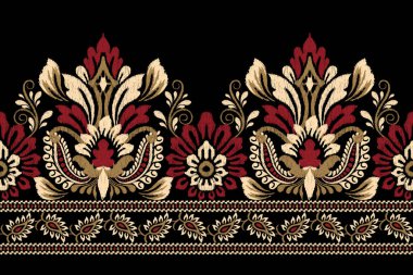 Siyah arkaplana Ikat desenli desenli işleme.Etnik oryantal desen geleneği. Doku, kumaş, giysi, ambalaj, dekorasyon, sarong, eşarp için soyut vektör çizimi.