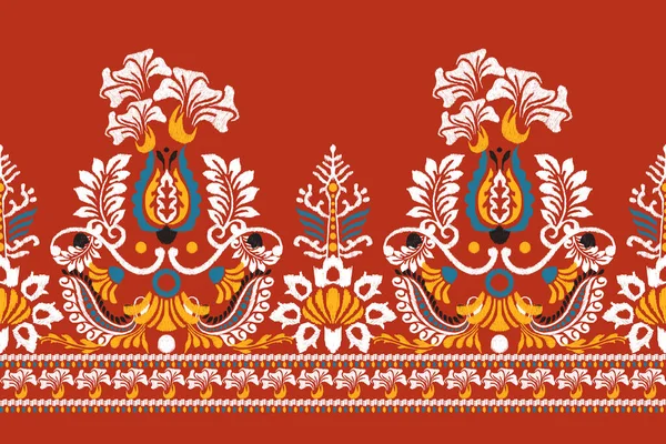 Ikat Bordado Paisley Floral Sobre Fondo Rojo Ikat Patrón Étnico — Vector de stock