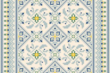 Beyaz arka plan üzerine çiçek haçı nakışı. Geometrik etnik oryantal desen geleneği. Doku, kumaş, giysi, ambalaj, dekorasyon, eşarp için tasarım.