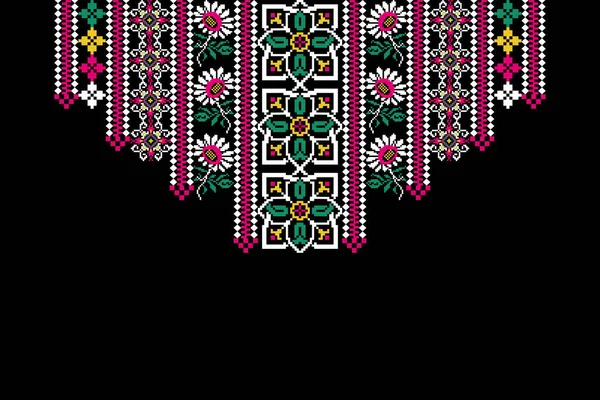 Neckline Floral Cross Stitch Embroidery Black Background Geometric Ethnic Neckline — Stock Vector