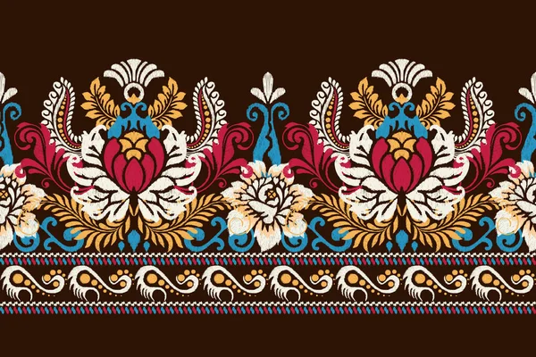 Bordado Paisley Floral Ikat Fundo Marrom Padrão Oriental Étnico Ikat — Vetor de Stock