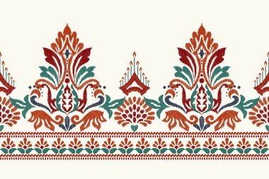 Beyaz arka plana Ikat desenli desenli işleme.Etnik oryantal desen geleneği. Doku, kumaş, giysi, ambalaj, dekorasyon, sarong, eşarp için soyut vektör çizimi.