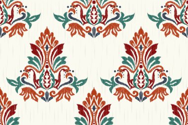 Beyaz arka plana Ikat çiçekli desenli nakış. Etnik doğuya özgü dikdörtgen desenli geleneksel. Doku, kumaş, giysi, ambalaj, dekorasyon için tasarım..