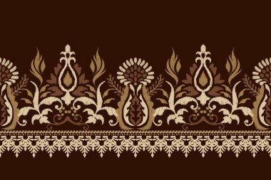 Kahverengi arka planda Ikat desenli desenli işleme.Etnik oryantal desen geleneği. Doku, kumaş, giysi, ambalaj, dekorasyon, sarong, eşarp için soyut vektör çizimi.