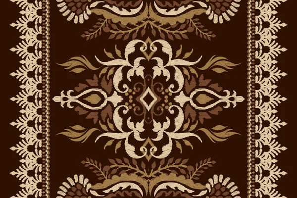 茶色の背景にイカットの花ペイズリー刺繍 イカットの民族的な東洋のパターンの伝統 アステカスタイル抽象的なベクトルのイラスト — ストックベクタ