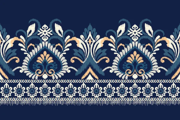 Bordado Paisley Floral Ikat Fundo Azul Marinho Padrão Oriental Étnico —  Vetores de Stock
