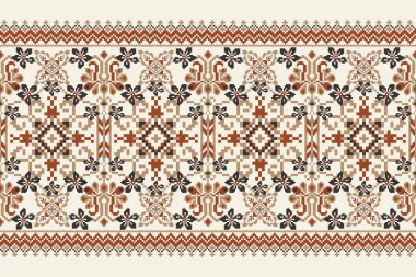 Beyaz arka plan üzerine çiçek haçı nakışı. Geometrik etnik doğu desenli geleneksel. Doku, kumaş, giysi, ambalaj, dekorasyon, sarong için soyut vektör çizimi..