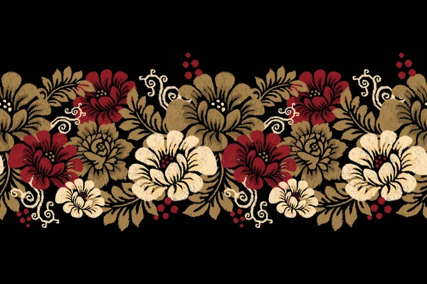 Ikat Bordado Paisley Floral Sobre Fondo Negro Ikat Patrón Oreintal — Vector de stock
