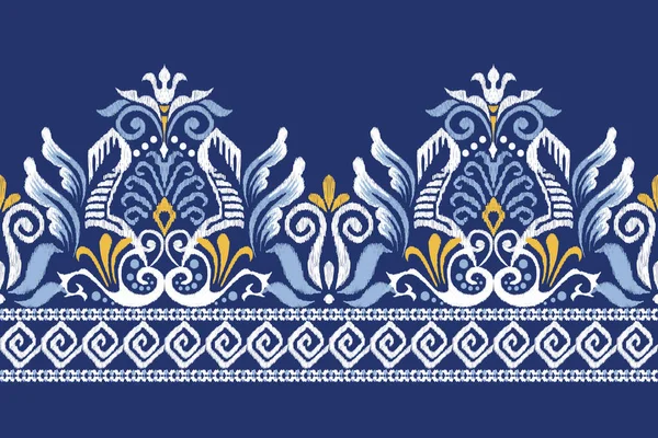 Ikat Bordado Paisley Floral Sobre Fondo Azul Ikat Patrón Étnico — Archivo Imágenes Vectoriales