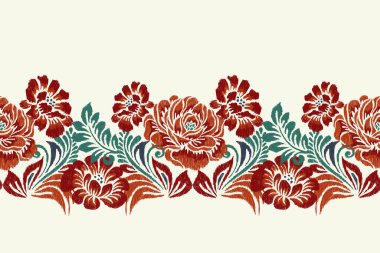 Beyaz arka plana Ikat desenli desenli işleme.Etnik oryantal desen geleneği. Doku, kumaş, giysi, ambalaj, dekorasyon, sarong, eşarp için soyut vektör çizimi.