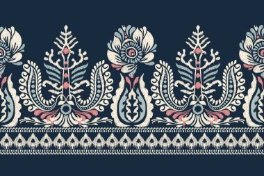 Ikat çiçekli şal desenli lacivert arka plan nakışı. Etnik oryantal desen geleneği. Doku, kumaş, giysi, ambalaj, dekorasyon, Sarong tasarımı..