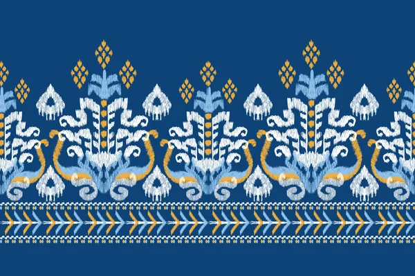 Ikat Bordado Paisley Floral Sobre Fondo Azul Ikat Patrón Étnico — Archivo Imágenes Vectoriales