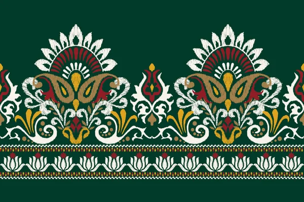 Ikat Květinové Paisley Výšivky Zeleném Pozadí Ikat Etnický Orientální Vzor — Stockový vektor