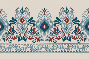 Gri arkaplana Ikat desenli desenli işleme.Etnik oryantal desen geleneği. Doku, kumaş, giysi, ambalaj, dekorasyon, sarong, eşarp için soyut vektör çizimi..