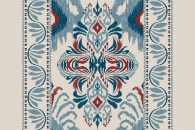 Gri arkaplana Ikat desenli desenli işleme.Etnik oryantal desen geleneği. Doku, kumaş, giysi, ambalaj, dekorasyon, sarong, eşarp için soyut vektör çizimi..