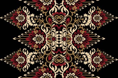 Siyah arkaplana Ikat desenli desenli işleme.Etnik oryantal desen geleneği. Doku, kumaş, giysi, ambalaj, dekorasyon, sarong, eşarp için soyut vektör çizimi.