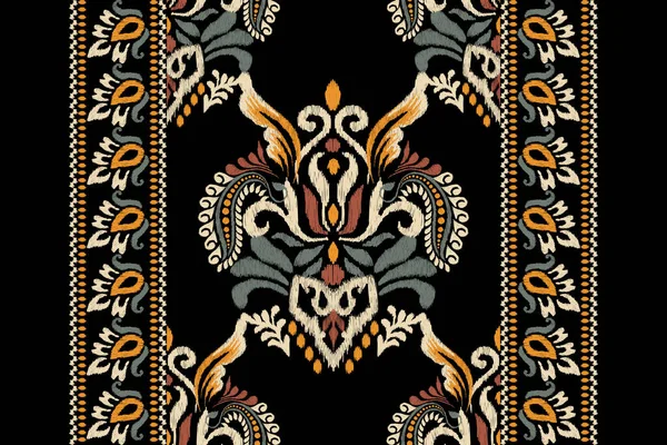 Ikat Цветочные Paisley Вышивки Черном Фоне Ikat Этнический Восточный Узор — стоковый вектор